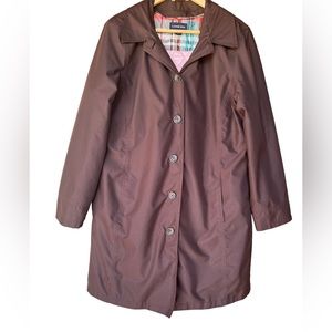 Lands’ End brown, pink all weather trench coat with zip out quilted liner sz L